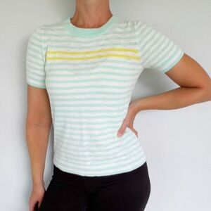 J. Crew mint yellow white stripe short sleeve knit crewneck sweater top size XS